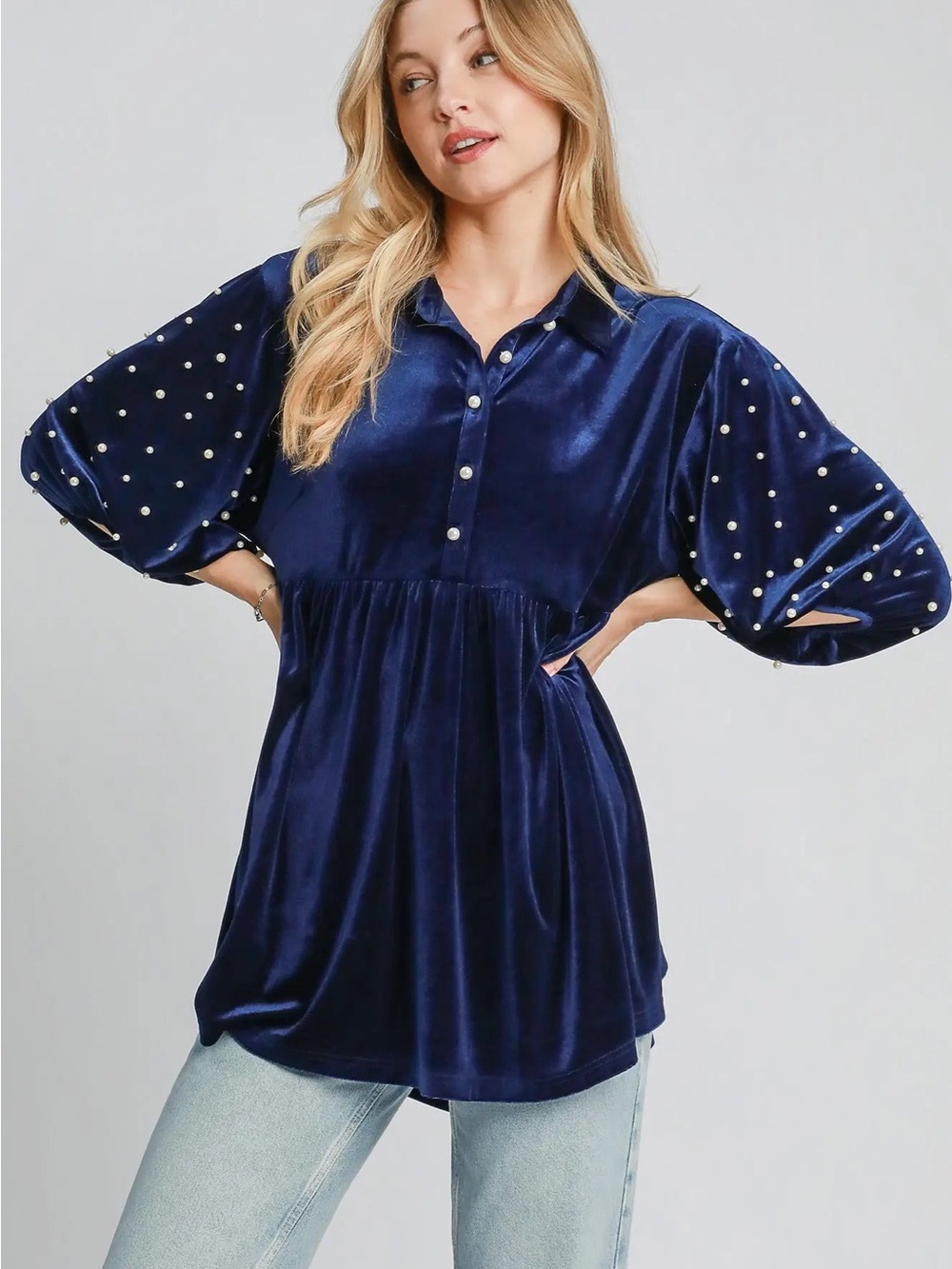 K8979 Umgee Navy Pearl-Studded Velvet Babydoll Tunic